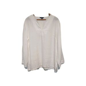 Exc Lands End White Linen Tonal Beaded Tunic Blouse L 14 Summer